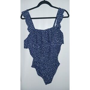 Kona Sol Women's Ruffle Full Coverage Bandeau 1 Pc Swimsuit 14 Blue & White Dots